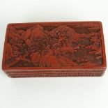 Antique Chinese Lacquer Cinnabar Box. Finely carved depicting a mountainous landscape with buildings