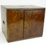 Antique English Burl Walnut Two-Drawer Jewelry Chest. Brass Hardware. Two-door open to two