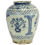 18th C or earlier Persian Blue & White Glazed Pottery Vase. Unsigned. "AS IS" condition with losses,