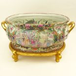 Large Modern Chinese Porcelain Rose Medallion Centerpiece Bowl on Stand. Signed with Character marks