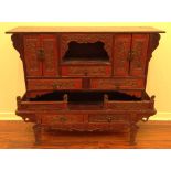 19/20th Century Chinese Carved and Lacquer Wood Shrine Cabinet. Unsigned. Surface Wear Consistent