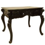 20th Century Chinese Carved Wood game table with added glass top. Unsigned. Rubbing. Measures 29-1/