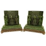 Important Pair of Chinese Heavily Carved Spinach Jade Emperor and Empress Table Screen Thrones