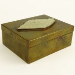 Vintage Chinese Brass Box with Carved White Jade Medallion. Bird motif. Unsigned. Light scratches.