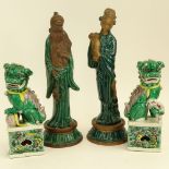 Two Pair of Vintage Chinese Figures. One pair green glazed terracotta Emperor and Empress, unsigned,