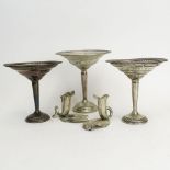 Three Weighted Sterling Silver Compotes and a Pair of 900 Silver Flower Candlesticks. Signed. One