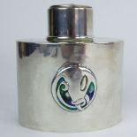 Liberty & Co. Art Nouveau Period Enameled Silver Tea Caddy, Possibly Archibald Knox. Signed L &