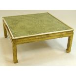 Modern Painted Asian Style Low Coffee Table with Glass top. Unsigned. Rubbing and surface wear.