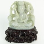 Chinese Greenish Gray Jadeite Jade Carved Guanyin Figurine. Hardwood stand. Unsigned. Very good