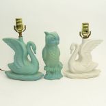 Three (3) Pieces Vintage Van Briggle Pottery Including Two (2) Swan Lamps and One (1) Owl Figure