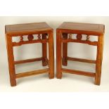 Pair of 19th C Chinese Elmwood Stools. Each with a rectangular paneled top, the apron pierced with