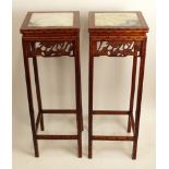 Pair Vintage Chinese Carved Hardwood Pedestal Stands With Marble Inserts. Bamboo Motif. Rubbing