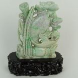 Chinese Jadeite Jade on Stand, Fish and Lotus Flower Motif. Carved hardwood stand. Unsigned. Very