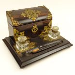 Antique English Brass Mounted Mahogany Desk Set. Comprised of a letterbox, attached to an ink