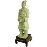 Large and Heavy Chinese Carved Jadeite Figure of A Man on Inlaid Wood Stand. Removable head.