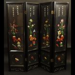 Modern Chinese Carved Wood Four Panel Screen with Jade, Hardstones and pebble coral. Unsigned.