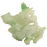 Antique Chinese Carved Jade Figurine of Two Cats. The jade almost white to bright apple green with