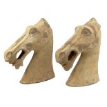 Pair of Chinese Tang Dynasty (618–906) Pottery Horse Heads. Unsigned. Good Antique Condition.