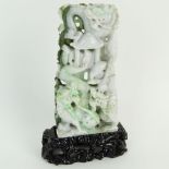 Chinese Mottled Green Jadeite Jade on Stand, Dragon Motif. Carved hardwood stand. Unsigned. Very