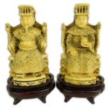 Pair of Antique Chinese Carved Ivory Emperor and Empress Figurines on Hardwood Stands. Signed with