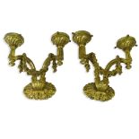 Pair Antique Heavy Dore Bronze Sconces with Two Light Torch Arms and Rose Swag. Measures 12" Tall,