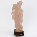 Mid 20th Century Chinese Carved Rose Quartz Guanyin Figure with Carved Wood Base. Original Box in