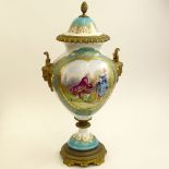 Antique Sevres Hand Painted Bronze Mounted Bolted Urn. Figural handles. Romantic scene on front