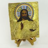 19th C Russian Enameled Gilt Silver Hand Painted Icon. Signed with Russian Hallmarks. Good