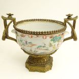 Ormolu Mounted 18th Century or Earlier Chinese Famille Rose Porcelain Handled Bowl. The mounting