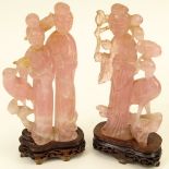 Pair of Vintage Chinese Rose Quartz Figurines on Hardwood Stands. Unsigned. Both with repairs,