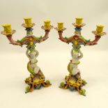 Pair of 20th Century Italian Majolica Figural Candlesticks. Each with 3 lights. Unsigned. Good