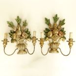 Pair of Italian Mid 20th Century Painted Carved Wood Two Light Wall Sconces. Unsigned. Light wear.