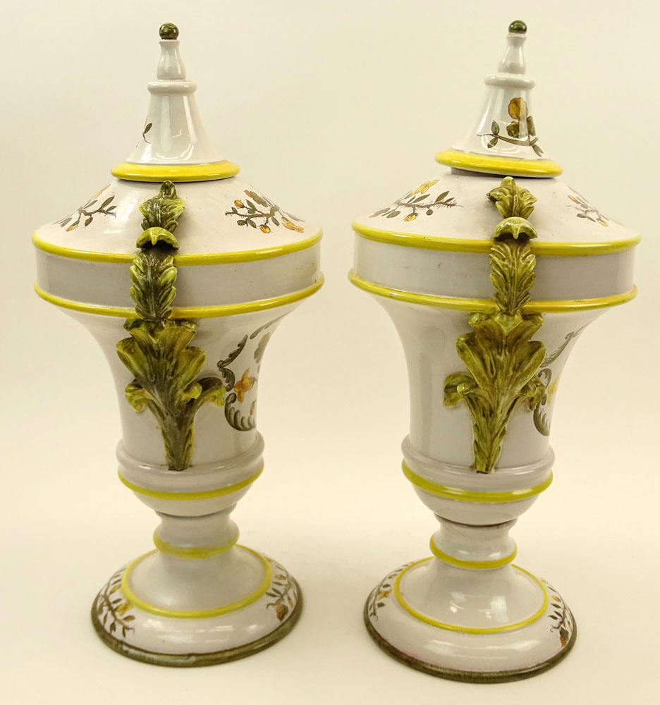 Pair of Large Italian Majolica Handled Urns. Hand painted Floral Motif. Signed Italy. Restoration to - Image 5 of 8
