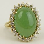 Vintage 14 Karat Yellow Gold Ring Set with Green Jade and Accented with Approx. 1.50 Carat Round