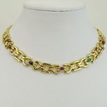 Vintage 14 Karat Yellow Gold Necklace with Inset Cabochon Gem Stones. Signed 585. Good vintage