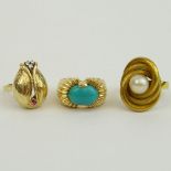 Three (3) Vintage 14 Karat Yellow Gold Rings, One with Turquoise, One with Pearl, One with Small