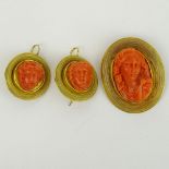 19th Century Carved Red Coral and High Karat Yellow Gold Brooch and Earring Suite. Unsigned. Good