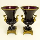 Pair of Neoclassical Russian Imperial Glass Gilt Bronze Mounted Amethyst Glass Vases. The body of