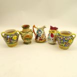 Lot of Five (5) Majolica Pitchers & Urns. Various motifs. Signed Italy. One with light crack.