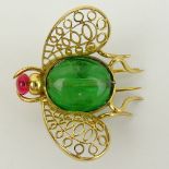 Vintage 14 Karat Yellow Gold Fly Brooch with Green Glass Body and Tourmaline Head. Unsigned. Small