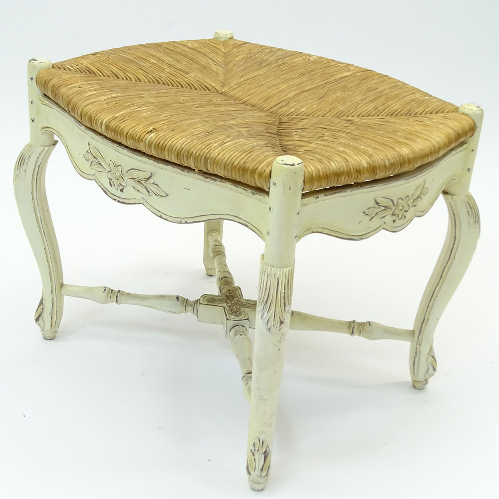 Mid 20th Century Italian Louis XV Style Carved Painted Bench with Rush Seat. Unsigned. Minor rubbing - Image 3 of 4