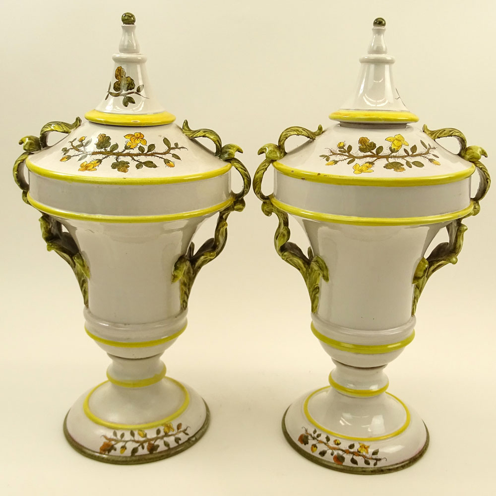 Pair of Large Italian Majolica Handled Urns. Hand painted Floral Motif. Signed Italy. Restoration to - Image 6 of 8