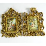 Pair of Vintage Paintings On Copper In Florentine Carved Giltwood Frames. "Romantic Scenes" One with