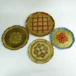 Group of Four (4) Vintage Italian Florentine Hand Painted Carved Wood Trays. Various sizes.