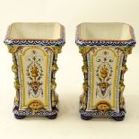 Pair Vintage Ginori Majolica Square Urns. Signed. Good condition. Measures 12-1/4" H x 8-1/2" x 8-