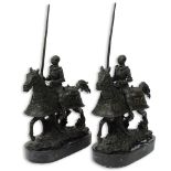 Pair of 20th Century Bronze Sculptures on Marble Bases, Knights in Armor on Horseback. Unsigned.