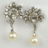 Pair of Lady's Approx. 3.0 Carat Diamond, Pearl and Platinum Earrings. Diamonds F-G color, VS1-VS2