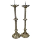 Pair of 19th Century French Gothic style Silvered Metal Pricket Sticks. Unsigned. Small damages/