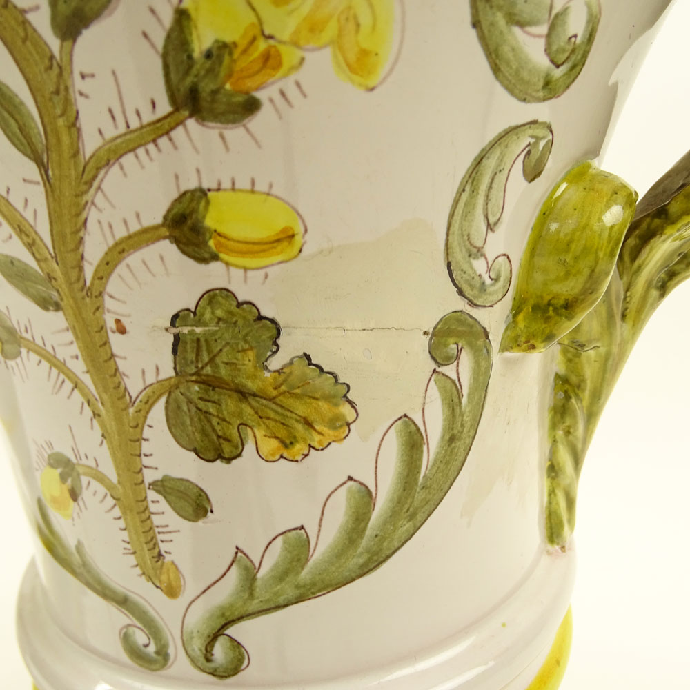 Pair of Large Italian Majolica Handled Urns. Hand painted Floral Motif. Signed Italy. Restoration to - Image 8 of 8