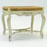 Mid 20th Century Italian Louis XV Style Carved Painted Bench with Rush Seat. Unsigned. Minor rubbing